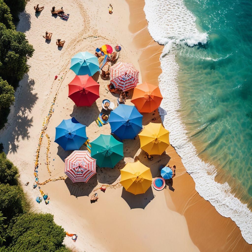 A vibrant beach scene featuring diverse individuals from the LGBTQ+ community joyfully wearing eco-friendly bikinis, surrounded by lush greenery and clear blue waters. In the background, emphasize sun, sand, and colorful beach umbrellas, with elements like recycled materials or ocean waves symbolizing sustainability. Incorporate positive, inclusive energy, showcasing self-acceptance and love for nature. super-realistic. vibrant colors. sunny atmosphere.