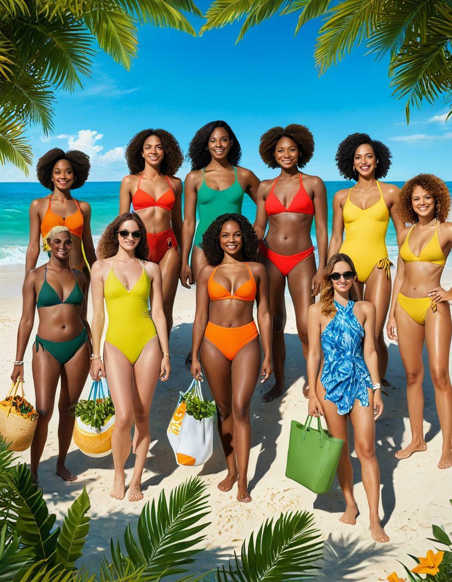 A diverse group of individuals of varying body types joyfully wearing eco-friendly two-piece swimwear on a vibrant beach, with lush greenery and waves in the background. They express pride in their unique styles while holding sustainable accessories like beach bags made from recycled materials. The sun shines brightly, creating a celebratory atmosphere that showcases acceptance and environmental awareness. super-realistic. vibrant colors. beach setting.